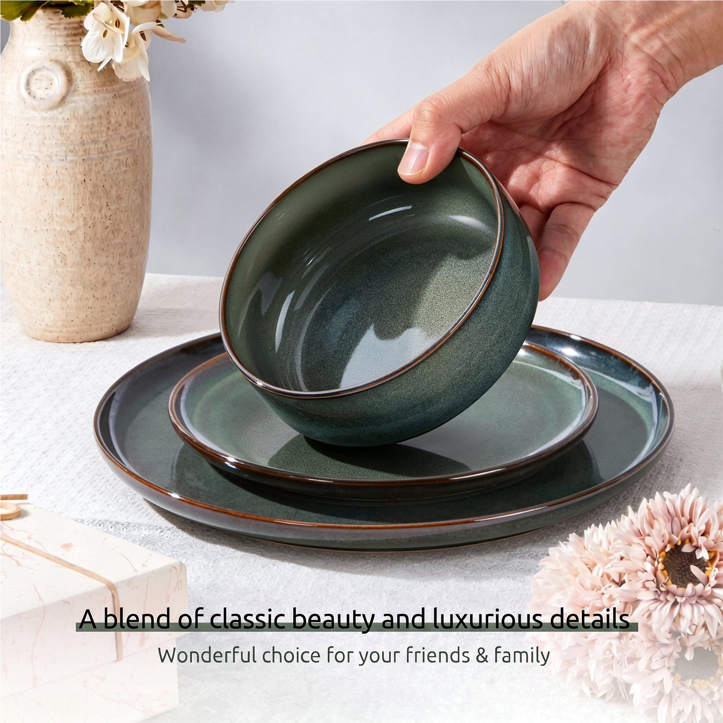 Onader 12 Piece Dinnerware Sets, Plates and Bowls Set for 4, Handmade Stoneware Dishes Sets for Home Restaurant, Dishwasher & Microwave Safe - Blackish Green