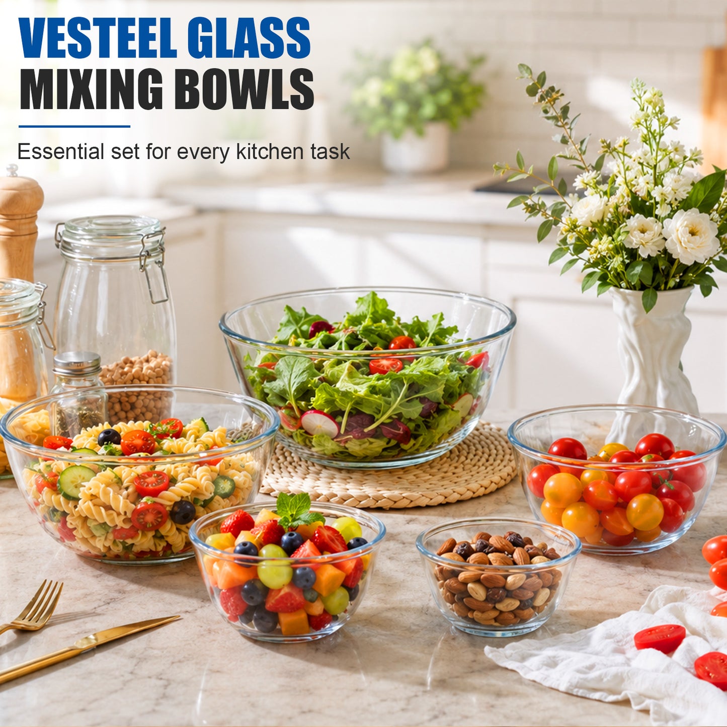 Vesteel 5Pcs Glass Mixing Bowls with Lids Set (4.8/2.9/1.7/0.8/0.5QT), Nesting Large Salad Bowls with Airtight Vent Lid for Kitchen Cooking Baking Prepping, Dishwasher, Microwave & Freezer Safe