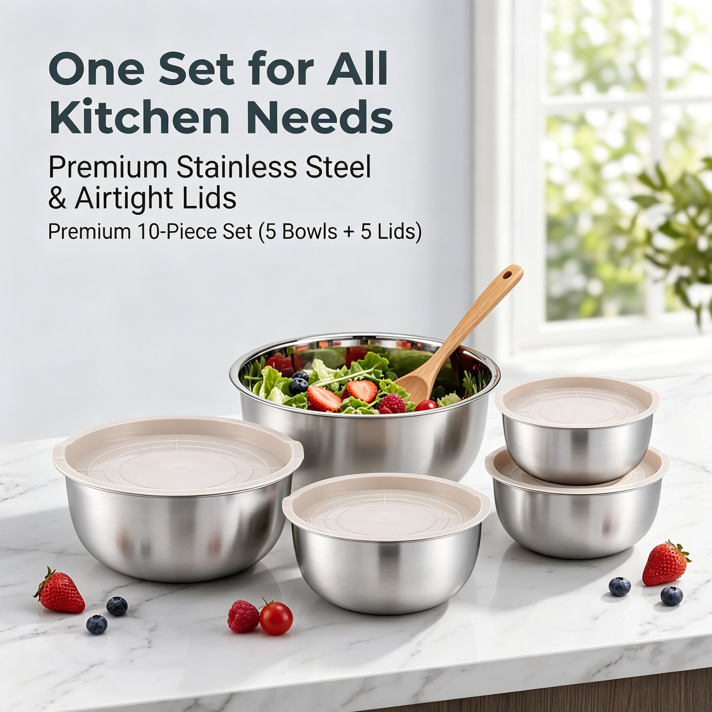 Vesteel Stainless Steel Mixing Bowls, 5 Piece Metal Nesting Bowls with Airtight Lids, Stackable Salad Bowls for Baking, Prepping & Serving, Dishwasher Safe, 5/3/1.7/1.2/0.8 QT, Khaki