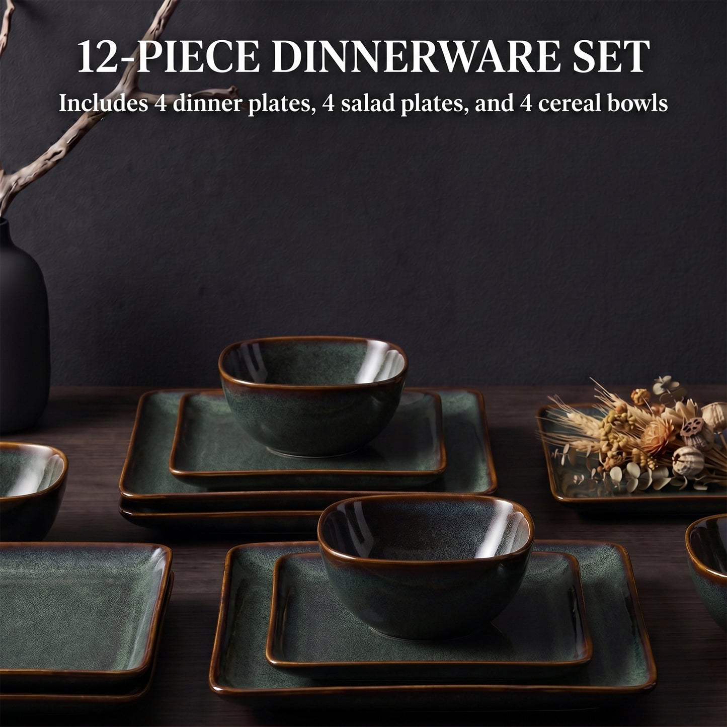 Onader 12 Piece Dinnerware Sets, Reactive Glaze Plates and Bowls Set for 4, Dishes Sets Serve for Steak Salad Soup, Scratch Resistant & Microwave Safe, Blackish Green