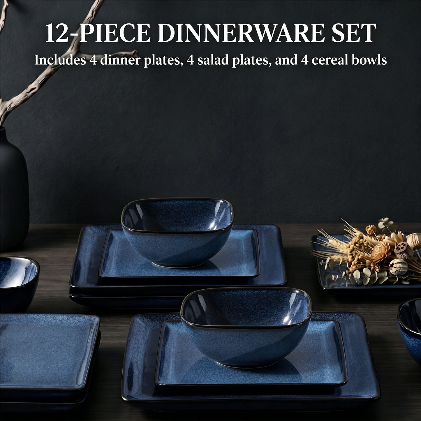 Onader 12 Piece Dinnerware Sets, Reactive Glaze Plates and Bowls Set for 4, Dishes Sets Serve for Steak Salad Soup, Scratch Resistant & Microwave Safe, Starry Blue