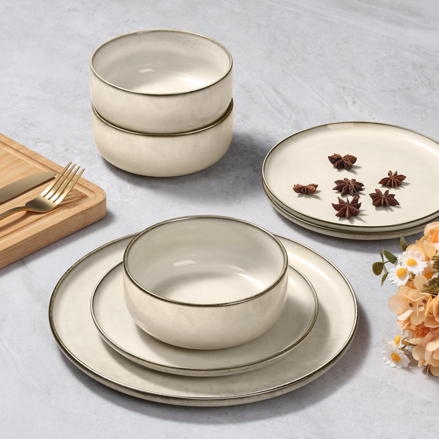 Vesteel Dinnerware Sets for 4, 16-Piece Stoneware Dish and Bowls Set, Handmade Reactive Glaze Coupe Plates Set, Chip & Scratch Resistant - Khaki
