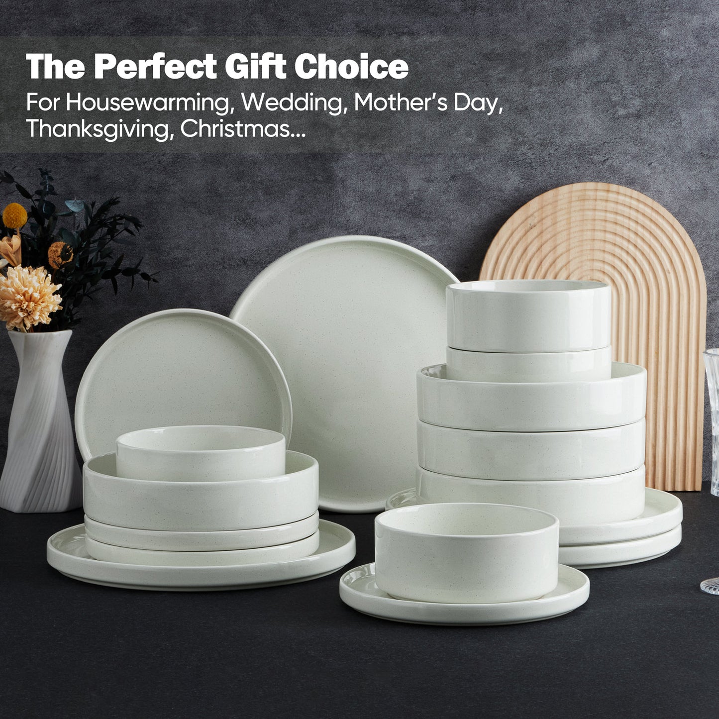 Vesteel 16 Pieces Dinnerware Sets, Premium Stoneware Dishes Set for 4, Speckled Plates and Bowls Set for Home Restaurant, Microwave and Dishwasher Safe - Off-white