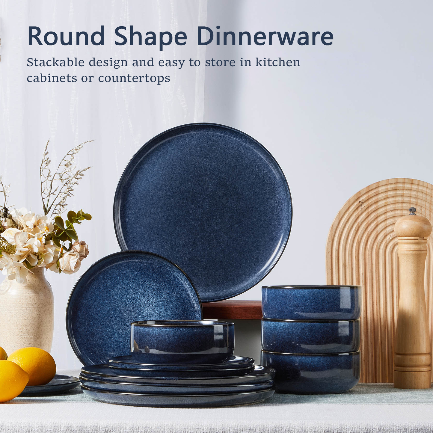 Onader Dinnerware Sets for 6, 18-Piece Plates and Bowls Set, Reactive Glaze Dishes, Stoneware Dinnerware set, Microwave & Dishwasher Safe - Deep Sea Blue