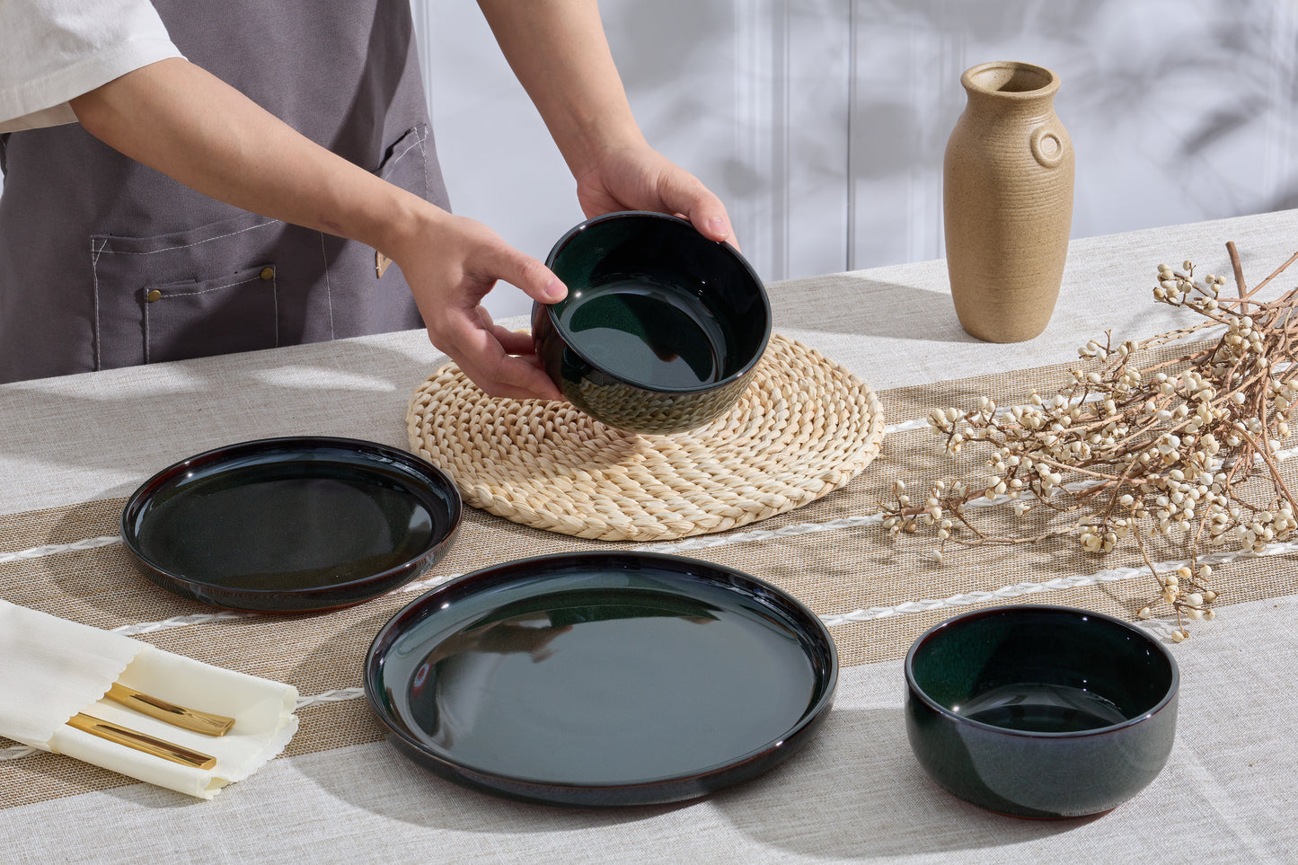 Vesteel 12-Piece Dinnerware Set, Ceramic Plates and Bowls Set for 4, Reactive Glaze Tableware Set with Purple Clay Base for Home, Chip & Scratch Resistant Stoneware, Black Green