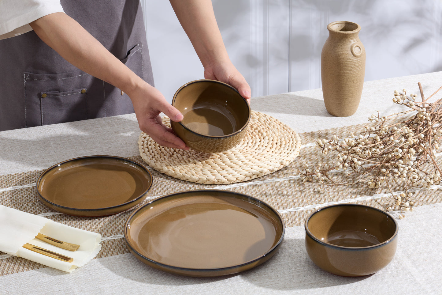 Vesteel 12-Piece Dinnerware Set, Ceramic Plates and Bowls Set for 4, Reactive Glaze Tableware Set with Purple Clay Base for Home, Chip & Scratch Resistant Stoneware, Brown Yellow