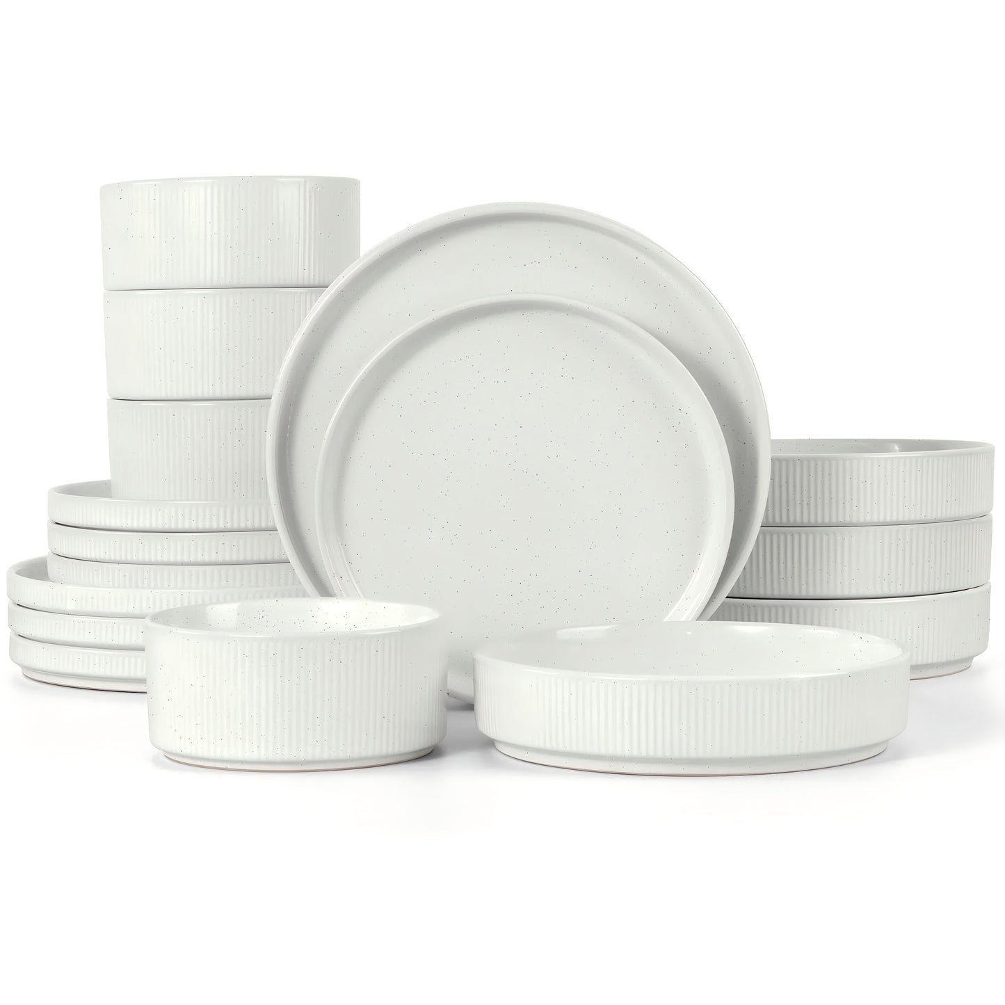 Vesteel 16 Pieces Dinnerware Set for 4, Premium Stoneware Ribbed Dishes, Chip & Scratch Resistant Plates and Bowls Set for Home Restaurant, Microwave and Dishwasher Safe - Speckled White
