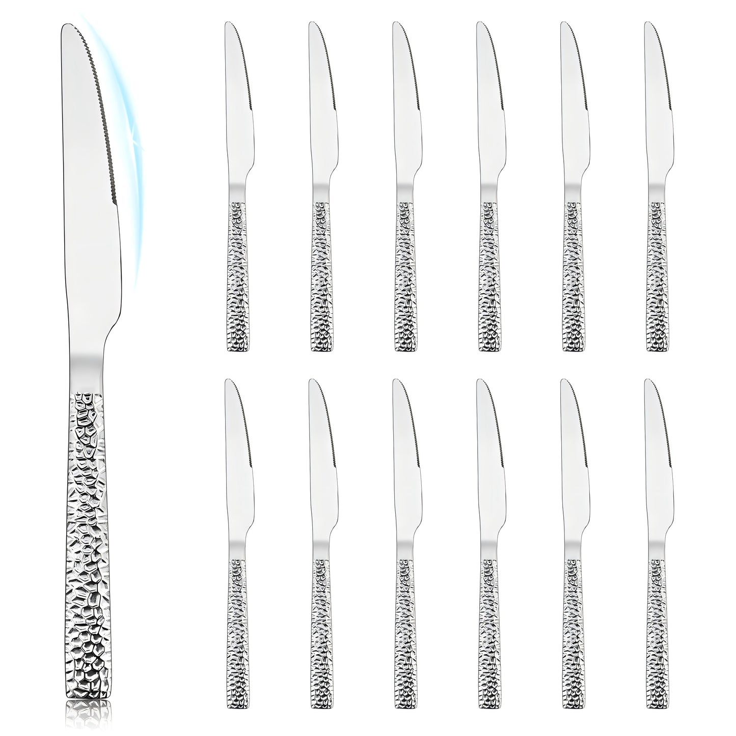 Vesteel Dinner Knives Set of 12, 8.9 inch Stainless Steel Hammered Table Cutlery Knife Set, Mirror Finish & Dishwasher Safe