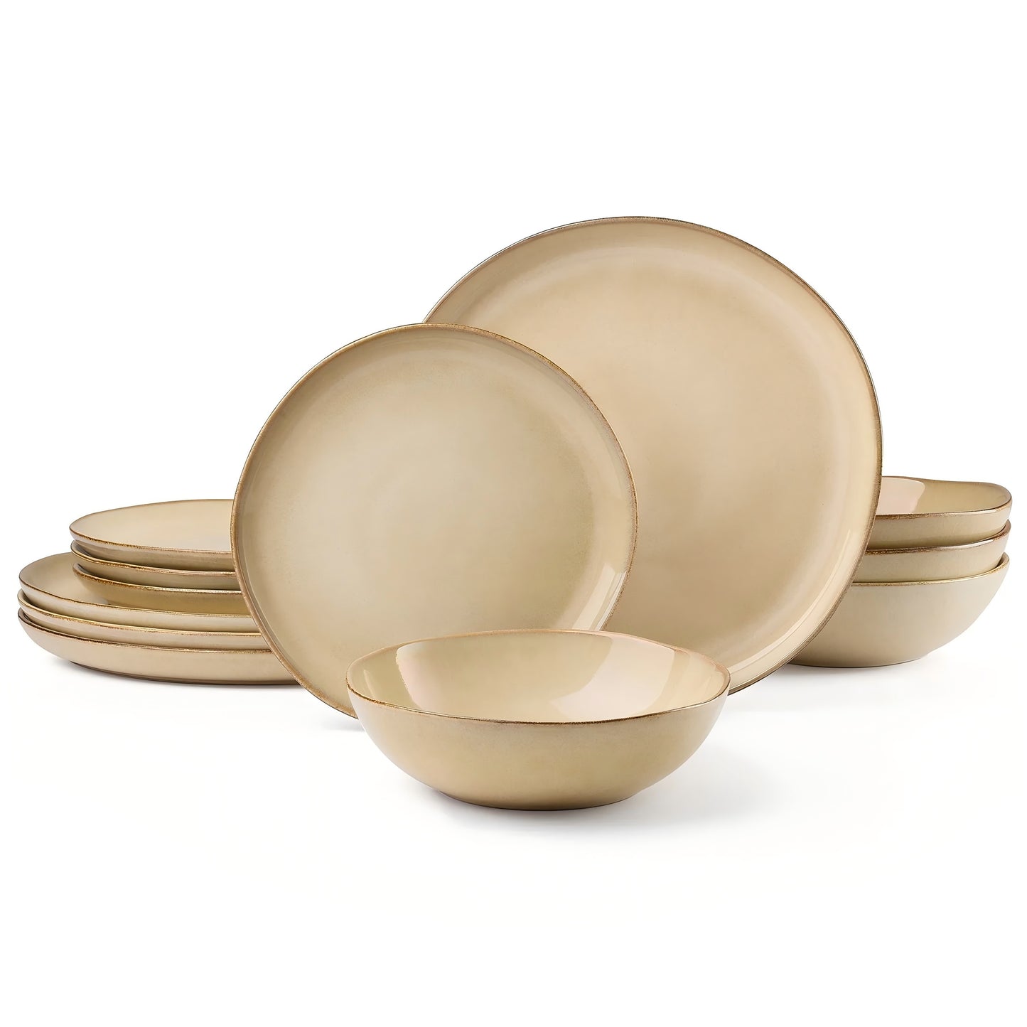 Vesteel Dinnerware Set for 4, 12 Pieces Premium Stoneware Plates and Bowls Set, Handmade Reactive Glaze Dishes for Home, Chip & Scratch Resistant, Microwave and Dishwasher Safe - Sandy Khaki