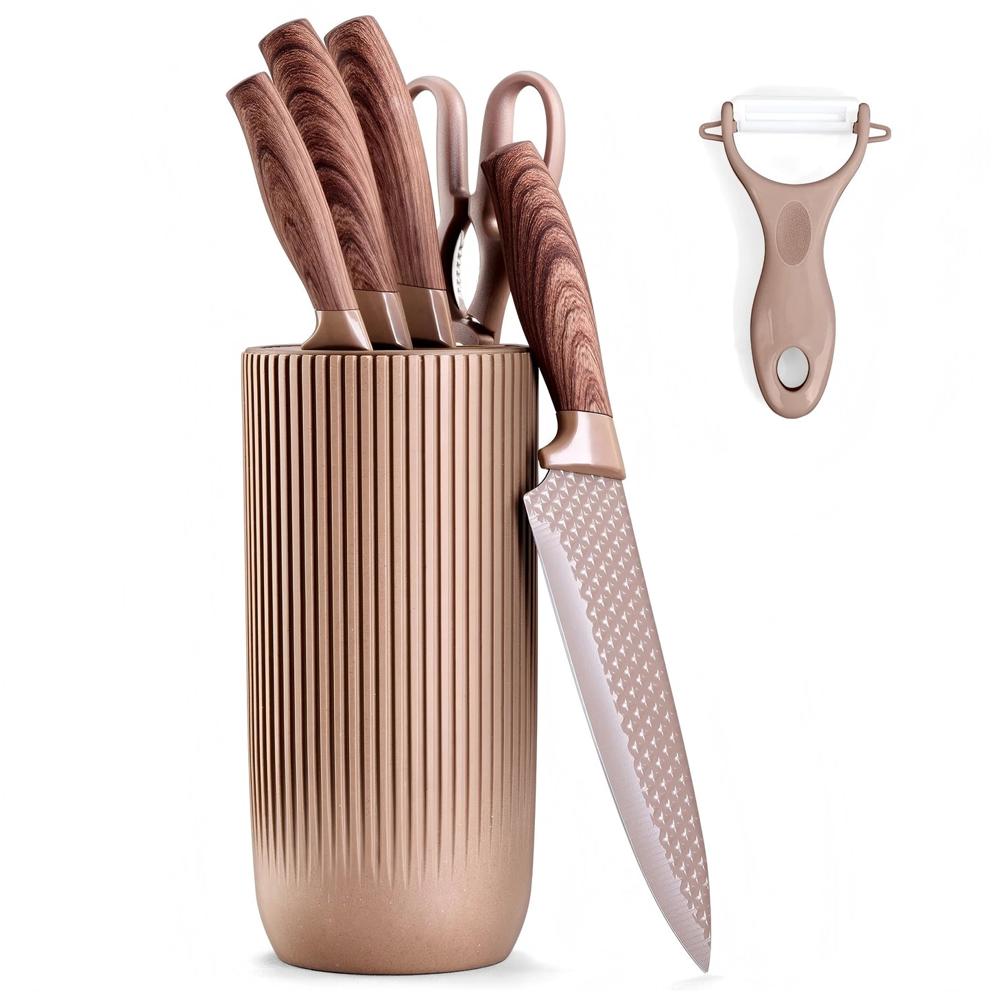 Vesteel Kitchen Knife Set of 7, Professional Stainless Steel Knives Set for Kitchen with Universal Knife Block - Brown