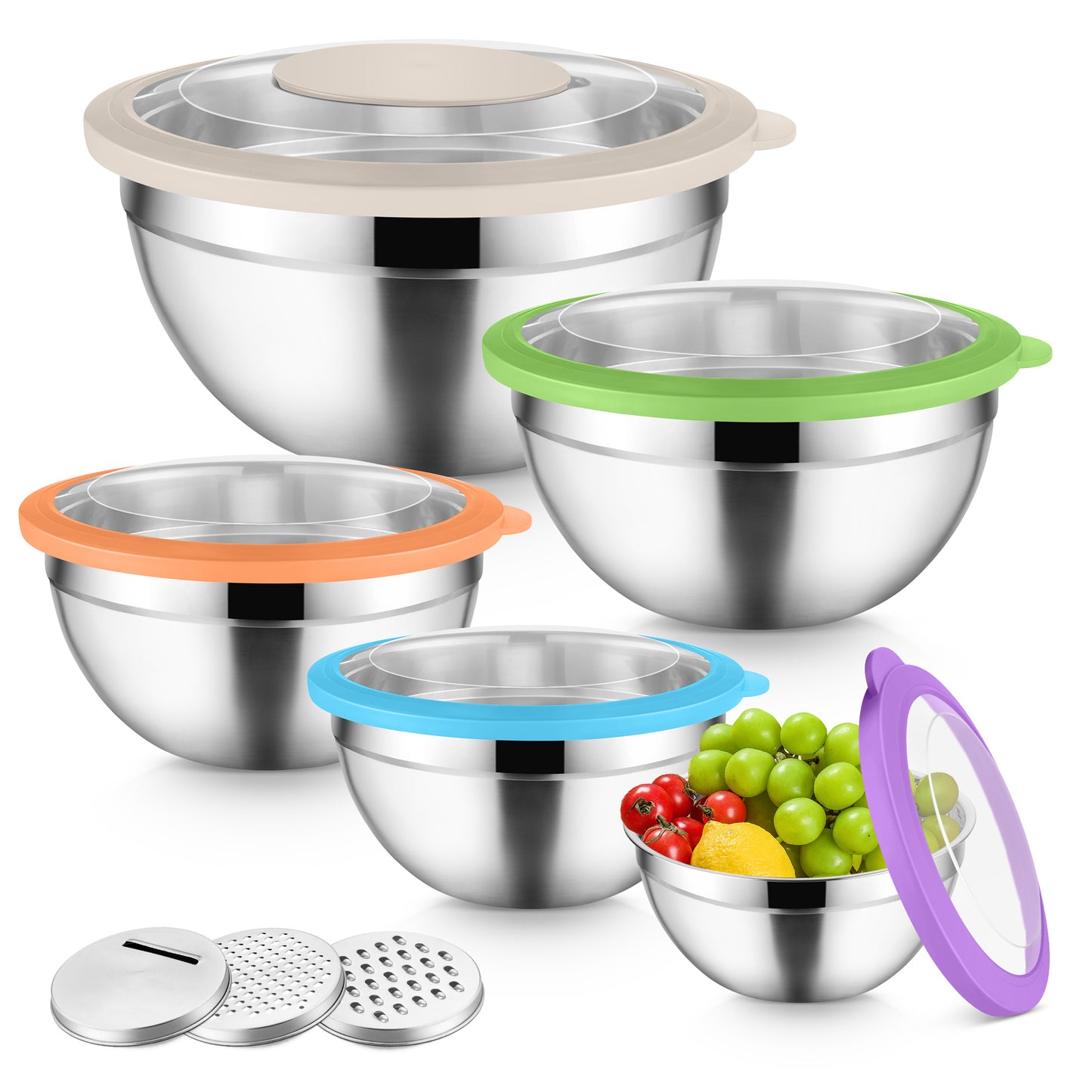 Vesteel Mixing Bowls with Lids Set of 5, Stainless Steel Prep Bowls with Upgraded Airtight Visible Lid, Metal Nesting Bowl Attach with 3 Graters for Kitchen Grating/ Shredding / Mixing - Multicolor
