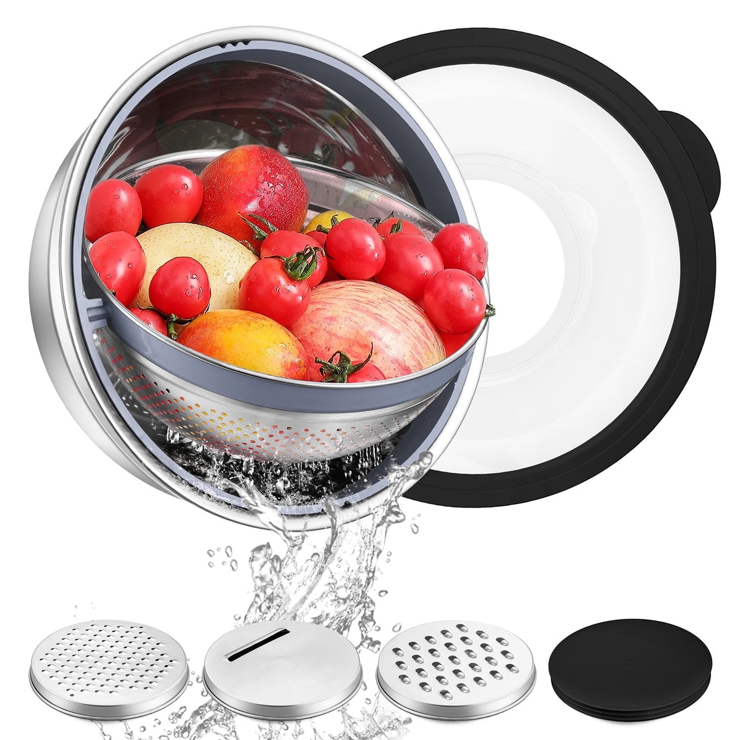 Vesteel Colander with Mixing Bowl Set, 4 in 1 Stainless Steel Food Strainer with Airtight Visible Lid and 3 Graters, Multifunctional Kitchen Prep Bowls for Washing/Draining/Mixing/ Grating - Black