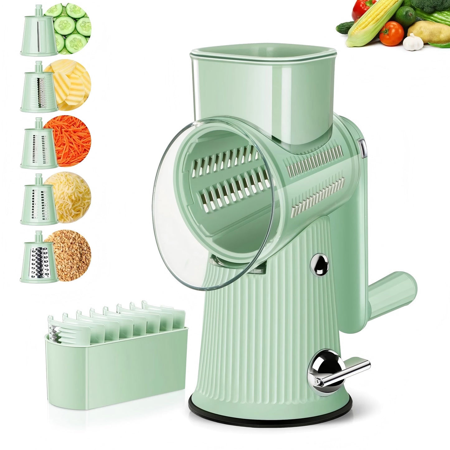 Vesteel Rotary Cheese Grater, Multi-Purpose Vegetable Chopper Rotating Grater with Handle, Kitchen Mandoline Veggies Slicer Cheese Shredder with Reinforced Suction & 5 Interchangeable Blades - Green