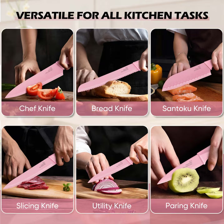 Vesteel Knife Block Set for Kitchen, 15-Piece High Carbon Stainless Steel Knives Set with Ergonomic Handle, Ultra-sharp & Rust Resistant, Pink