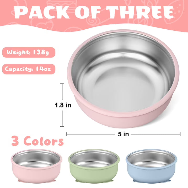 Vesteel Stainless Steel Kids Bowls with Suction, 3-Piece Suction Plates & Bowls for Toddlers, Removable Silicone Shell & Dishwasher Safe, Blue/Green/Pink