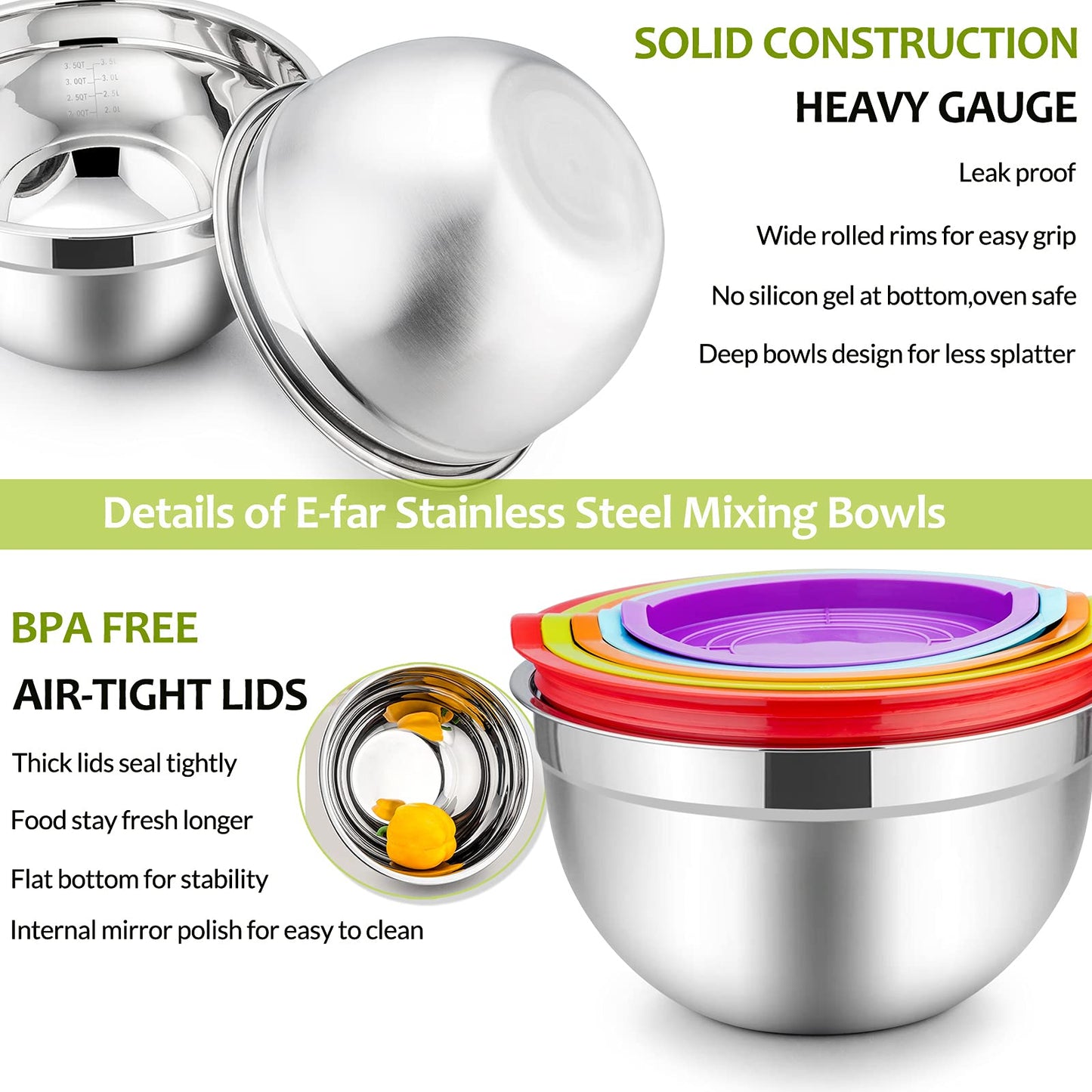 Mixing Bowls with Lids Set of 5, Vesteel Stainless Steel Mixing Bowls Metal Nesting Salad Bowls, Size 4.5, 3, 1.5, 1, 0.7 QT Great for Cooking, Baking, Serving - Multi-Color