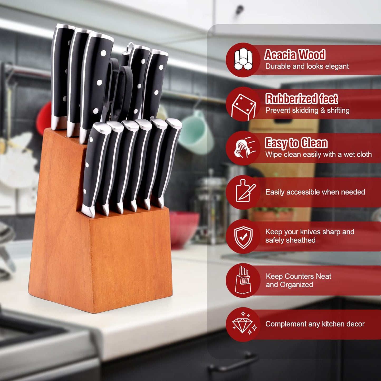 Vesteel Kitchen Knife Set with Block, 16-Piece High Carbon Stainless Steel Knife Block Set Includes Chef Utility Paring Steak Serrated Bread Knife & Sharpener Kitchen Shears, Full Tang