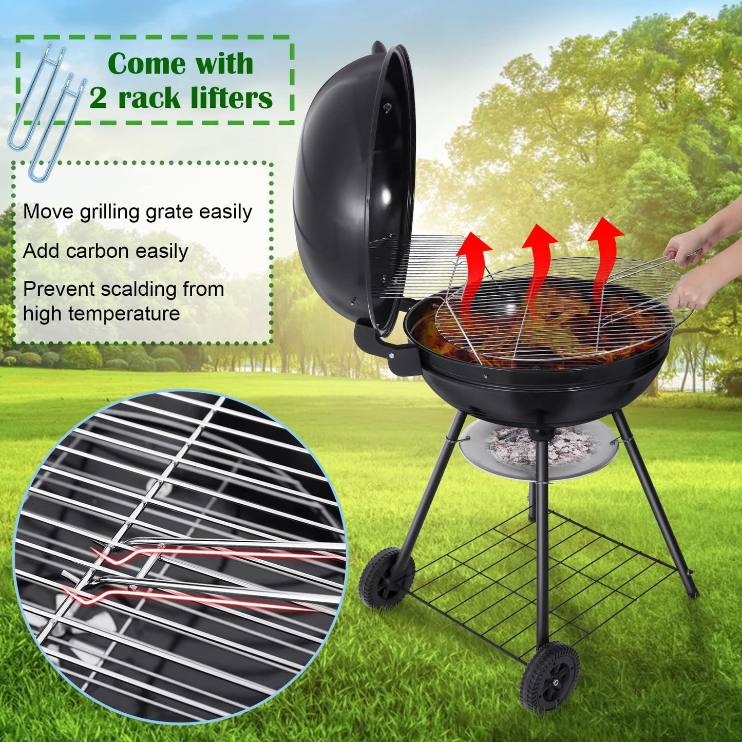 Vesteel Portable Charcoal Grill with 4 Legs and Wheels for Outdoor Cooking Barbecue Camping BBQ Coal Kettle Grill - Heavy Duty Round with Thickened Grilling Bowl for Small Patio Backyard