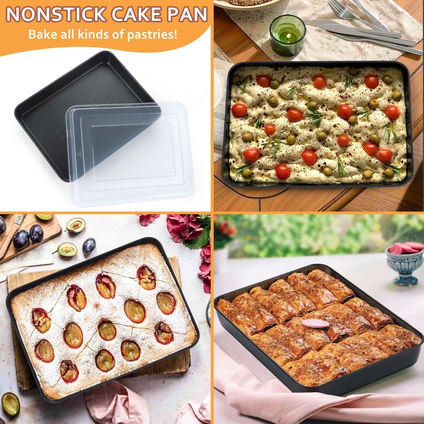 Vesteel Stainless Steel Baking Pan with Lid, 12.5 x 9.75 x 2 Inch Nonstick Rectangle Sheet Cake Pans with Covers, Non-toxic Bakeware Set for Casseroles Brownies Cakes ( 2 Pans + 2 Lids )