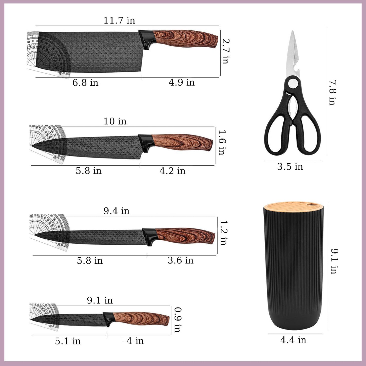 Vesteel Kitchen Knife Set of 7, Professional Stainless Steel Knives Set for Kitchen with Universal Knife Block - Black