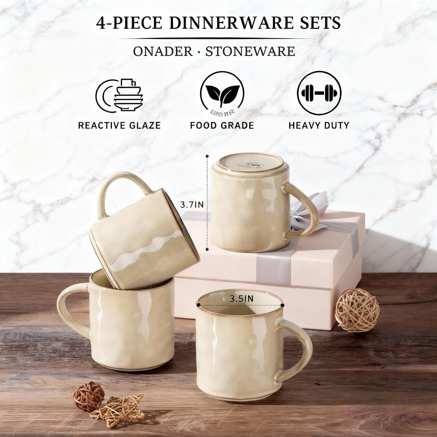 Onader 14OZ Coffee Mugs Set of 4, Stoneware Tea Mug Set with Handle, Ceramic Cups for Latte/Cocoa/Cappuccino, Dishwasher & Microwave Safe - Khaki
