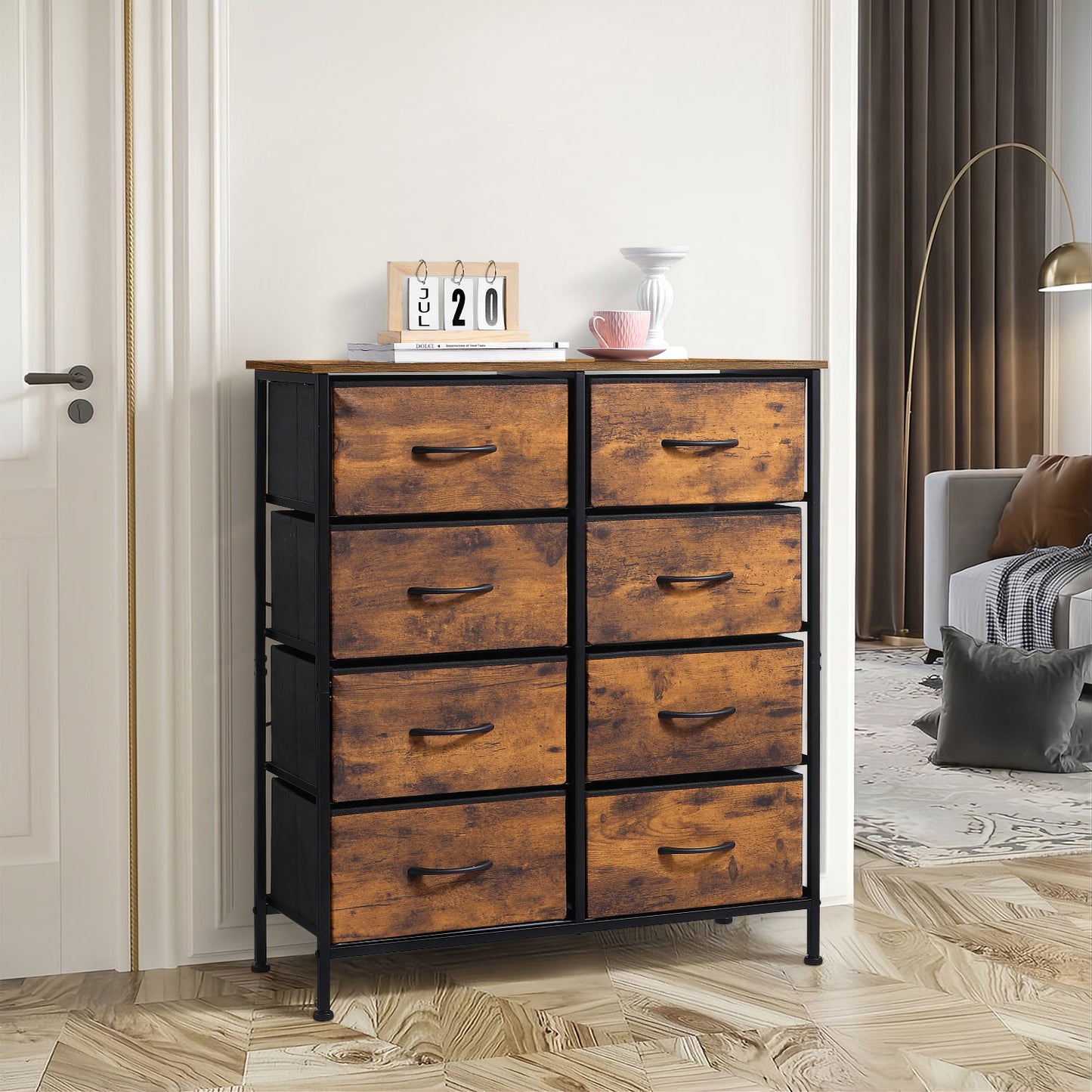 Vesteel 8 Drawers Dresser for Bedroom, Double Dresser Tall Storage Tower with Fabric Bins, Chest of Drawers for Closet, Living Room, Hallway, Rustic Brown