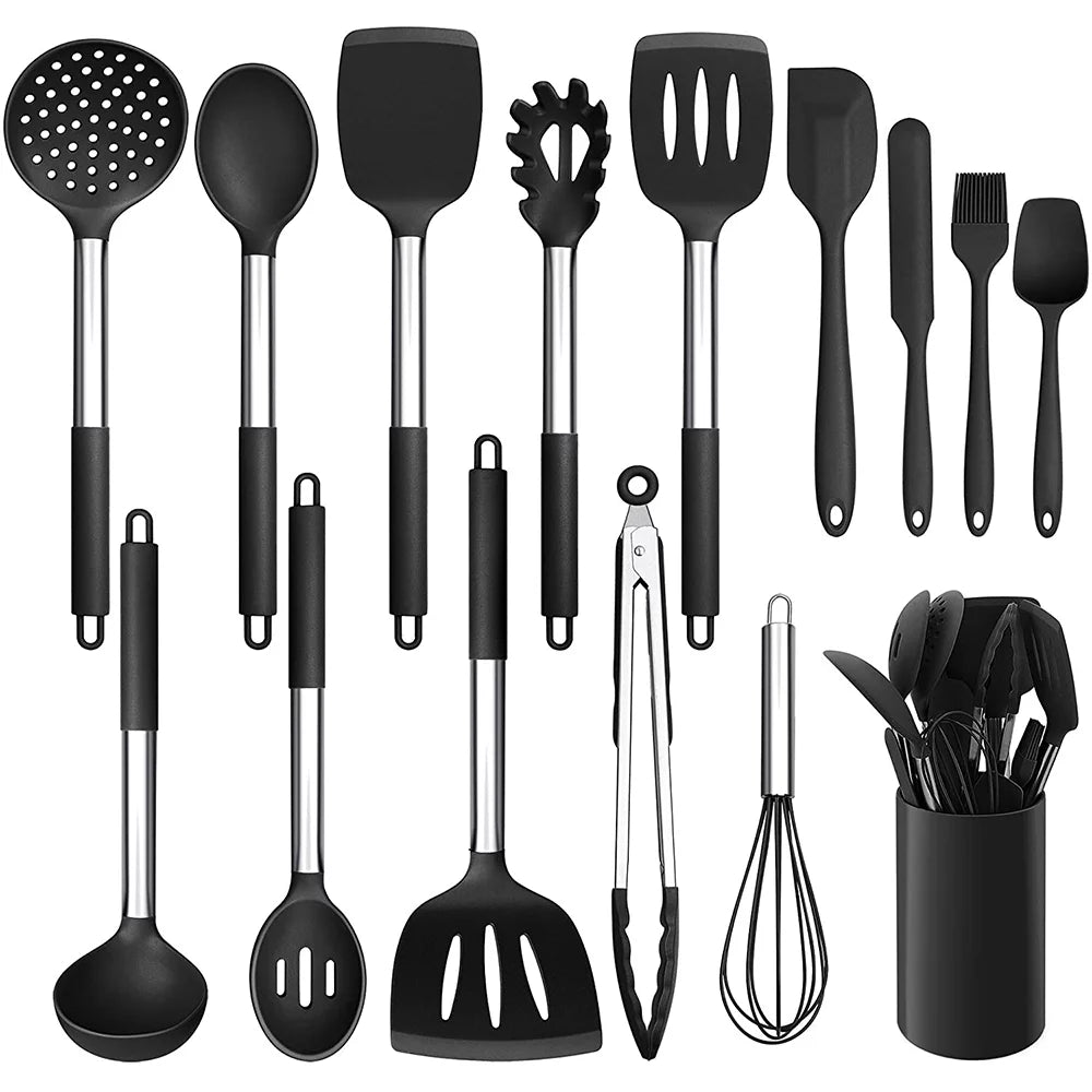 VeSteel 15-Piece Kitchen Cooking Utensils Set with Holder, Silicone Kitchen Tools Stainless Steel Handle, Slotted Spatula Spoon Turner Tong Whisk Brush for Cooking, Black
