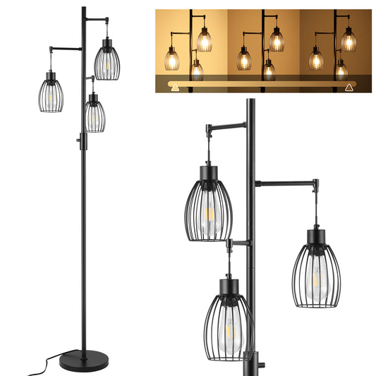 Vesteel Floor Lamp for Living Room, Industrial Dimmable Lamp with 3 Teardrop Cage and Bulbs, Farmhouse Standing Tree Lamp Design for Bedroom Office Dining Room