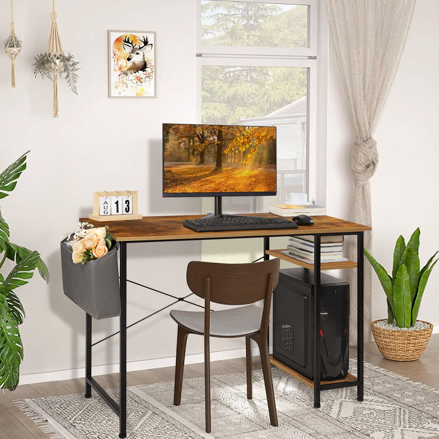 Vesteel 43 inch Computer Desk, Reversible Home Office Corner Desk With Storage Shelves and Bag, Rustic Brown Modern Simple Style Study Writing Table