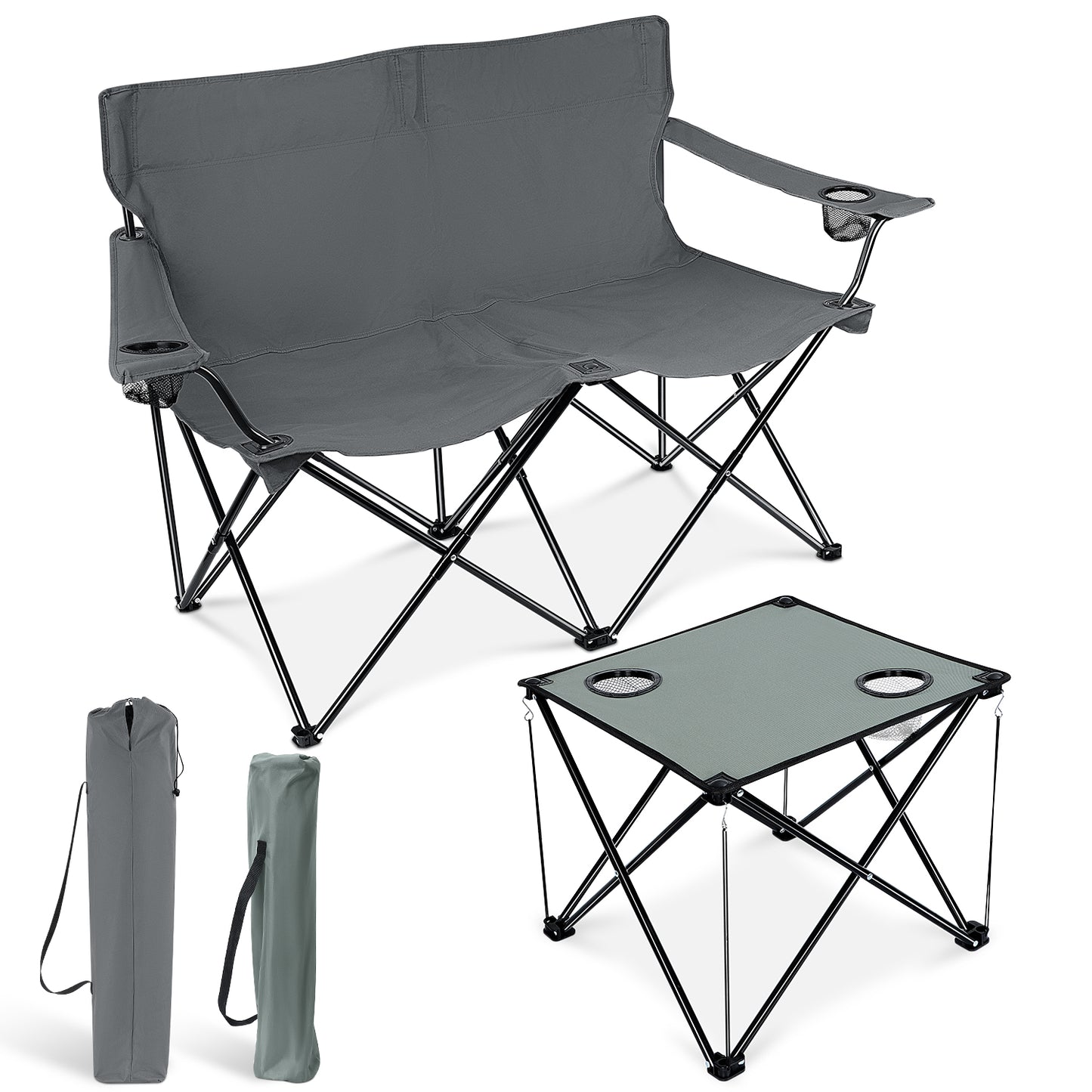Vesteel Double Camping Chair with Portable Table, Love Seat Folding Chair for Adults, Cup Holders & Carry Bag for Outside, Travel, Picnic, Beach(Gray)