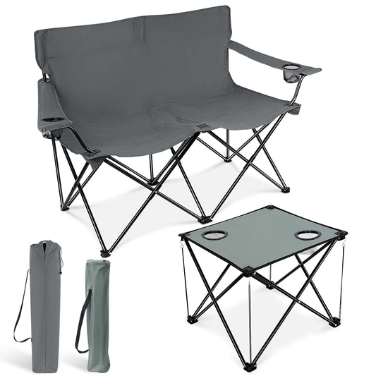 Vesteel Double Camping Chair with Portable Table, Love Seat Folding Chair for Adults, Cup Holders & Carry Bag for Outside, Travel, Picnic, Beach(Gray)