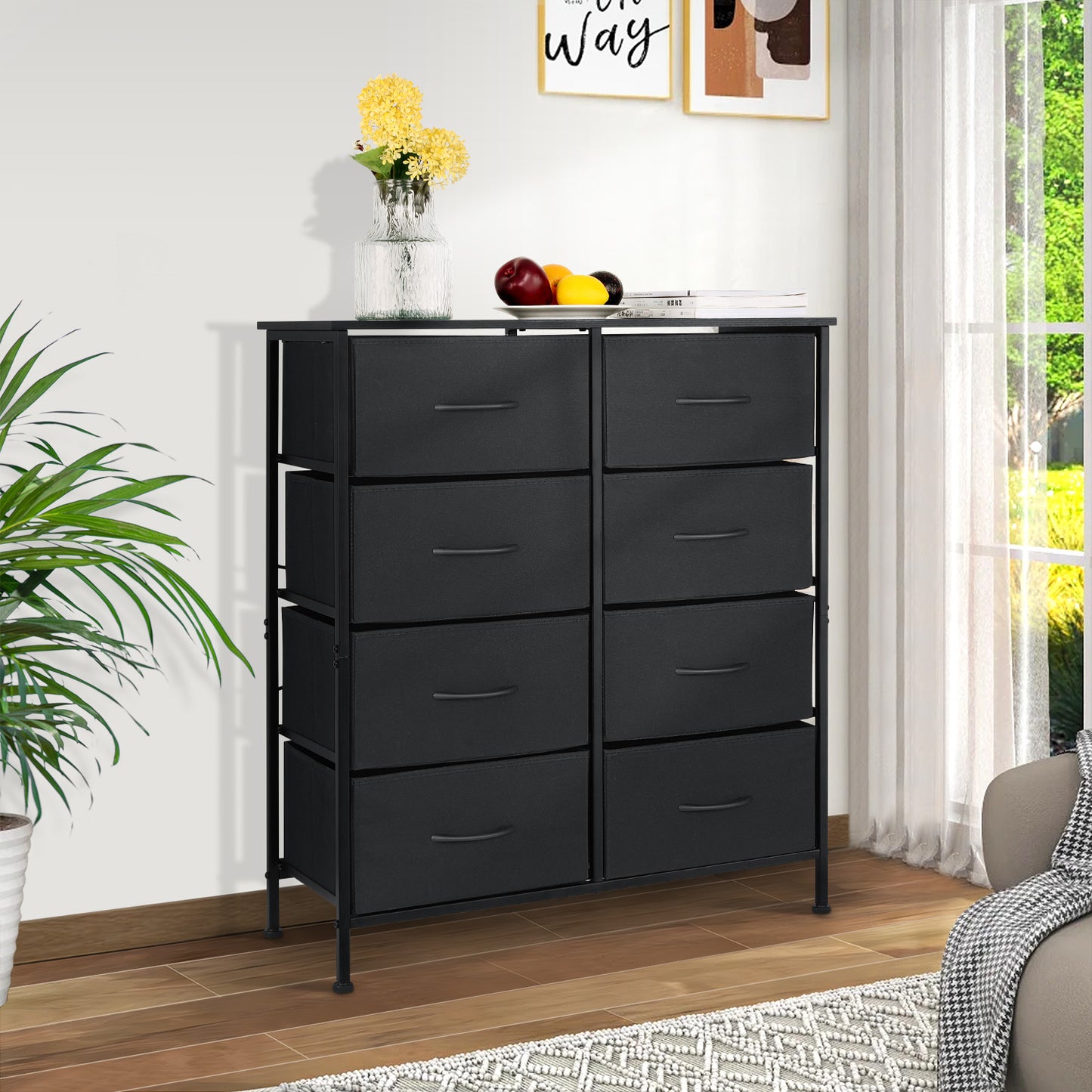 Vesteel Dresser for Bedroom with 8 Fabric Drawers, Storage Tower with Wooden Top and Metal Frame, Chest of Clothes Organizer for Living Room, Entryway - Black