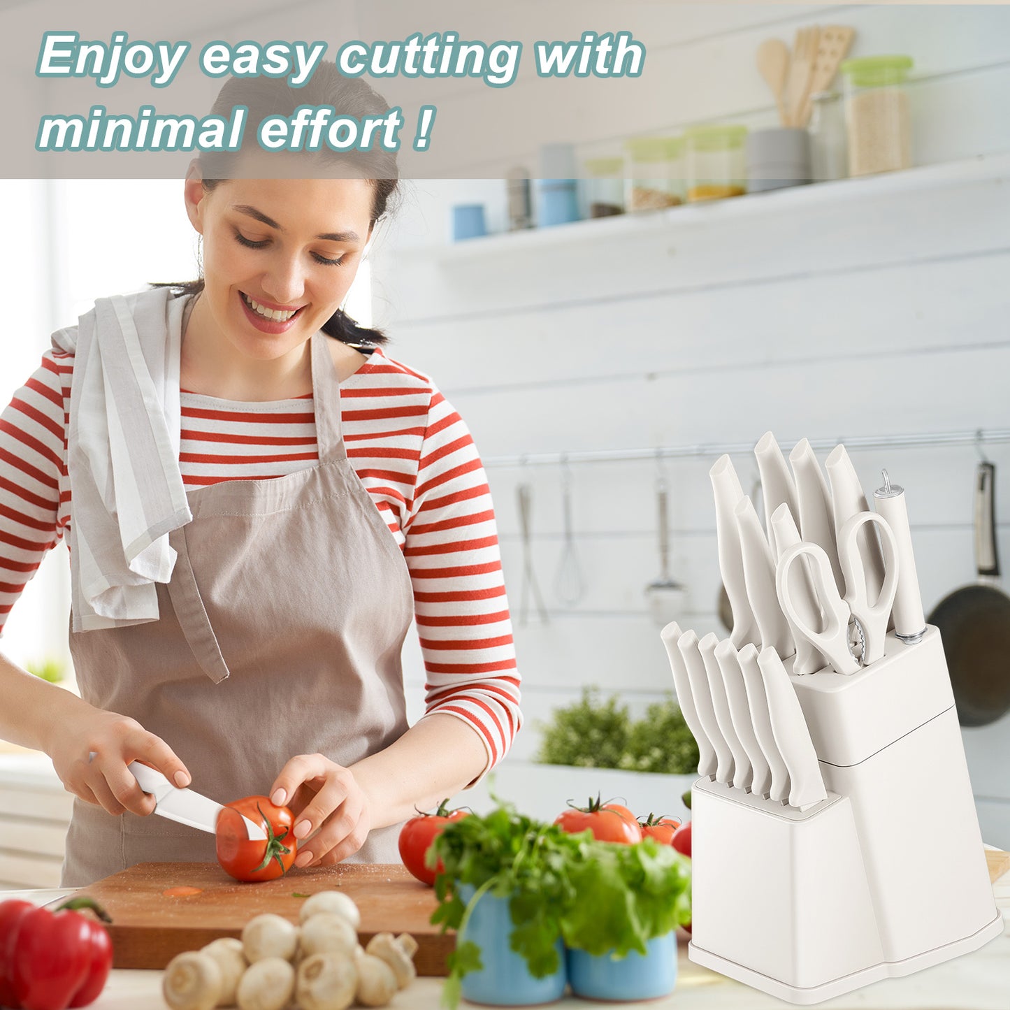 Vesteel Knife Set for Kitchen with Block, 15 Pcs Stainless Steel Kitchen Knife Set with Self Sharpening - White