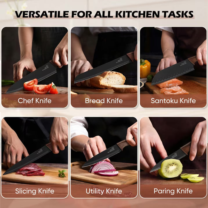 Vesteel Knife Block Set for Kitchen, 15-Piece High Carbon Stainless Steel Knives Set with Ergonomic Handle, Ultra-sharp & Rust Resistant, Walnut Brown