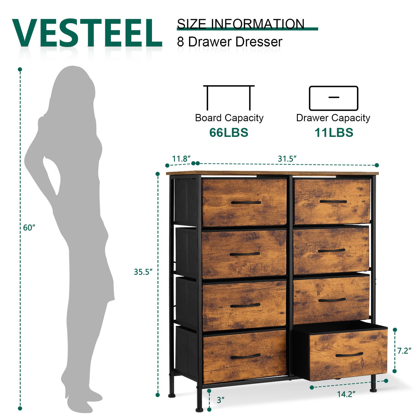 Vesteel 8 Drawers Dresser for Bedroom, Double Dresser Tall Storage Tower with Fabric Bins, Chest of Drawers for Closet, Living Room, Hallway, Rustic Brown