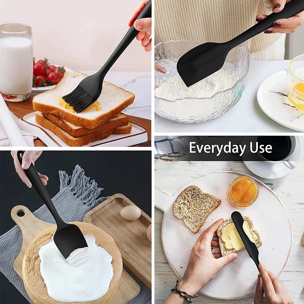 VeSteel 15-Piece Kitchen Cooking Utensils Set with Holder, Silicone Kitchen Tools Stainless Steel Handle, Slotted Spatula Spoon Turner Tong Whisk Brush for Cooking, Black