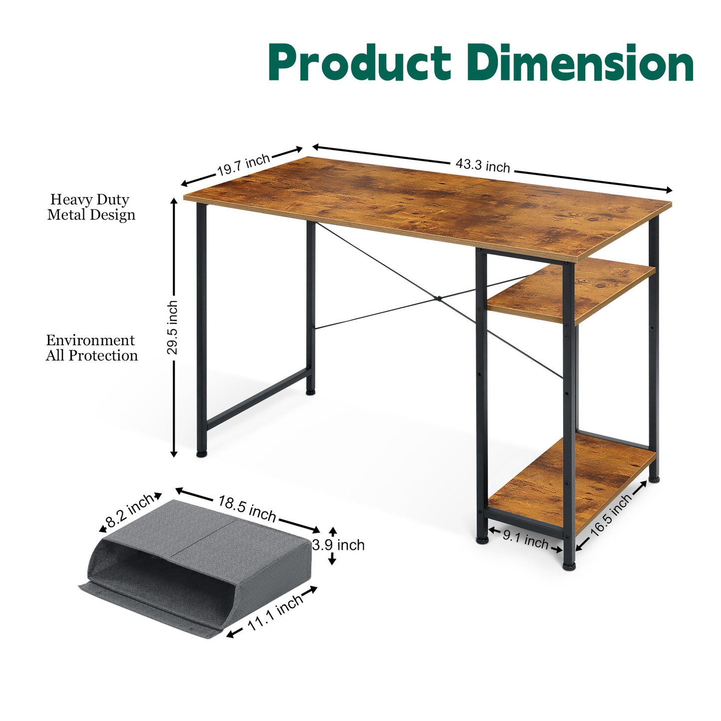 Vesteel 43 inch Computer Desk, Reversible Home Office Corner Desk With Storage Shelves and Bag, Rustic Brown Modern Simple Style Study Writing Table