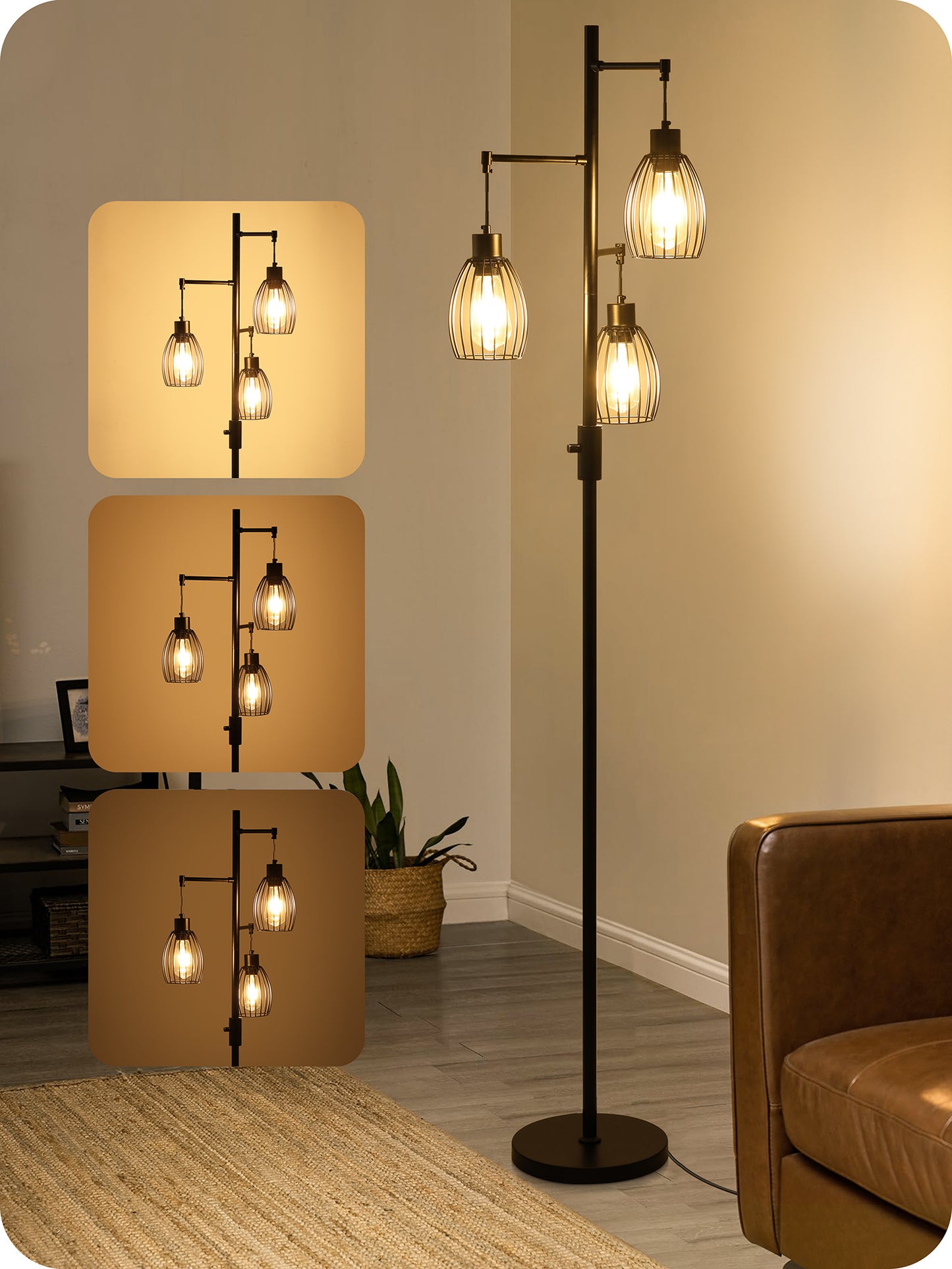 Vesteel Floor Lamp for Living Room, Industrial Dimmable Lamp with 3 Teardrop Cage and Bulbs, Farmhouse Standing Tree Lamp Design for Bedroom Office Dining Room