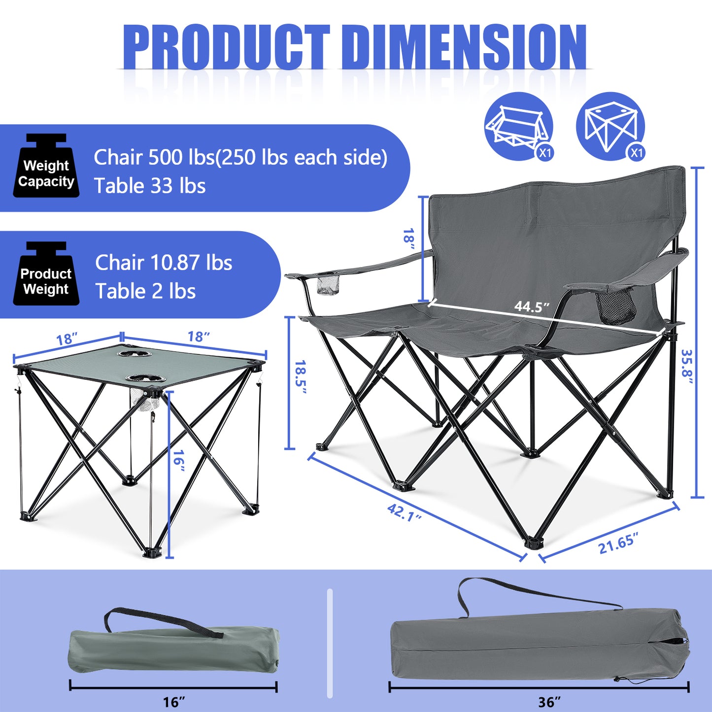 Vesteel Double Camping Chair with Portable Table, Love Seat Folding Chair for Adults, Cup Holders & Carry Bag for Outside, Travel, Picnic, Beach(Gray)