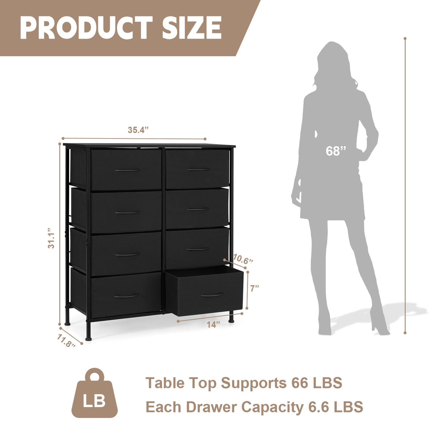 Vesteel Dresser for Bedroom with 8 Fabric Drawers, Storage Tower with Wooden Top and Metal Frame, Chest of Clothes Organizer for Living Room, Entryway - Black