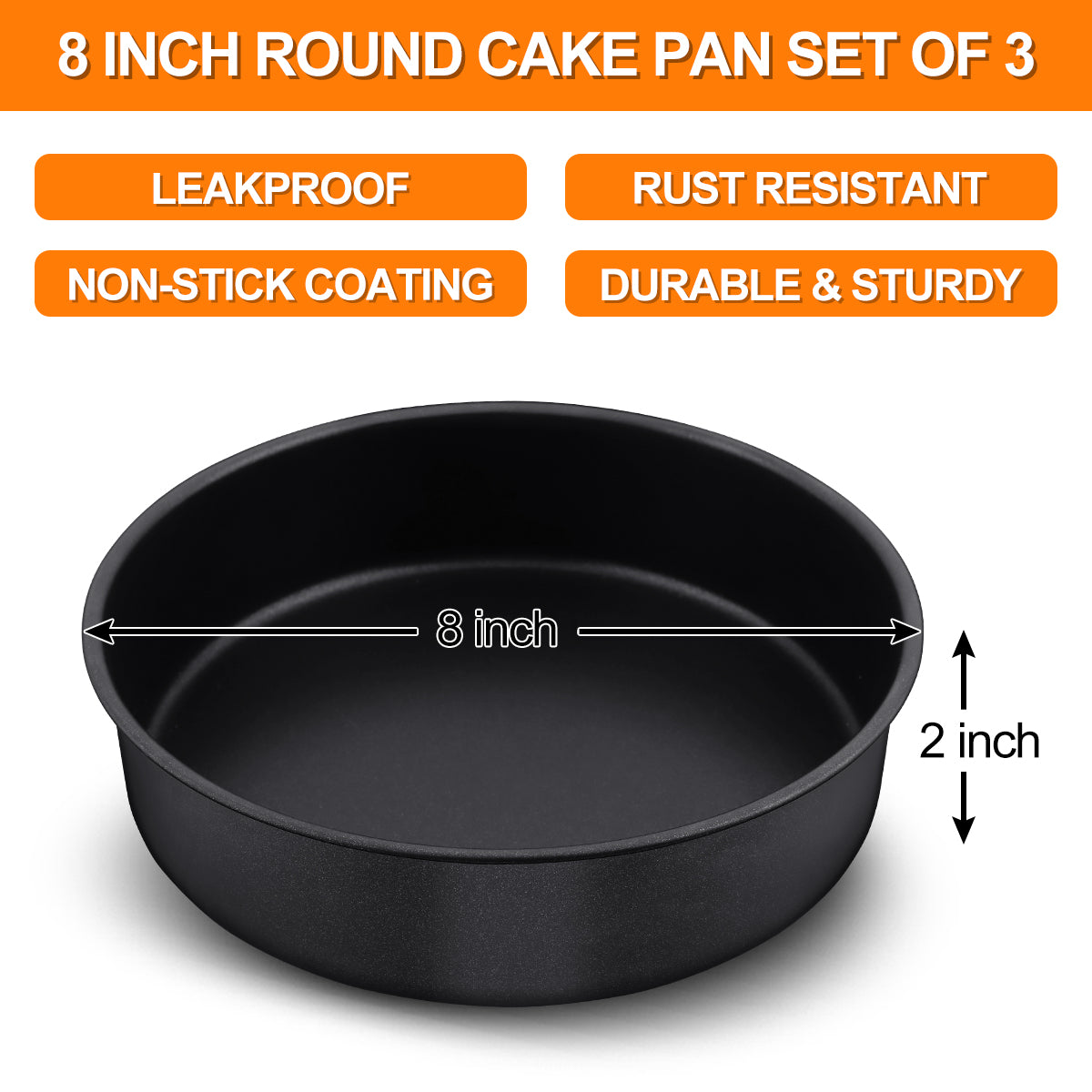 8 inch Cake Pan Set of 3, Vesteel Stainless Steel Round Cake Baking Pans for Layer/Birthday/Wedding Cake, Nonstick & Heavy Duty