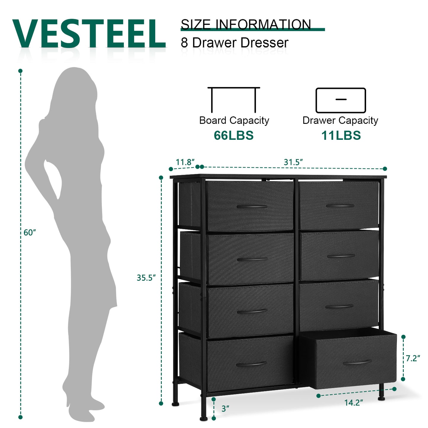 Vesteel 8 Drawers Dresser for Bedroom, Double Dresser Tall Storage Tower with Fabric Bins, Chest of Drawers for Closet, Living Room, Hallway, Black