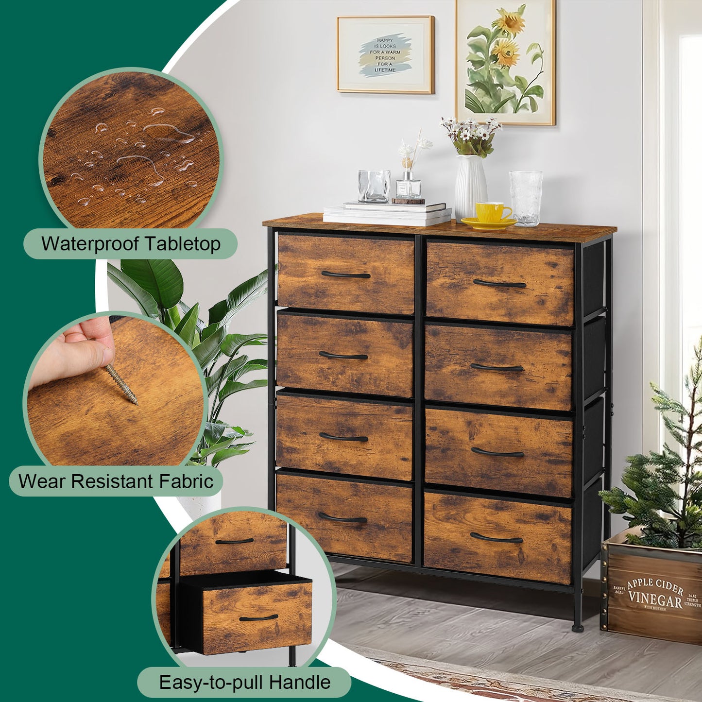 Vesteel 8 Drawers Dresser for Bedroom, Double Dresser Tall Storage Tower with Fabric Bins, Chest of Drawers for Closet, Living Room, Hallway, Rustic Brown