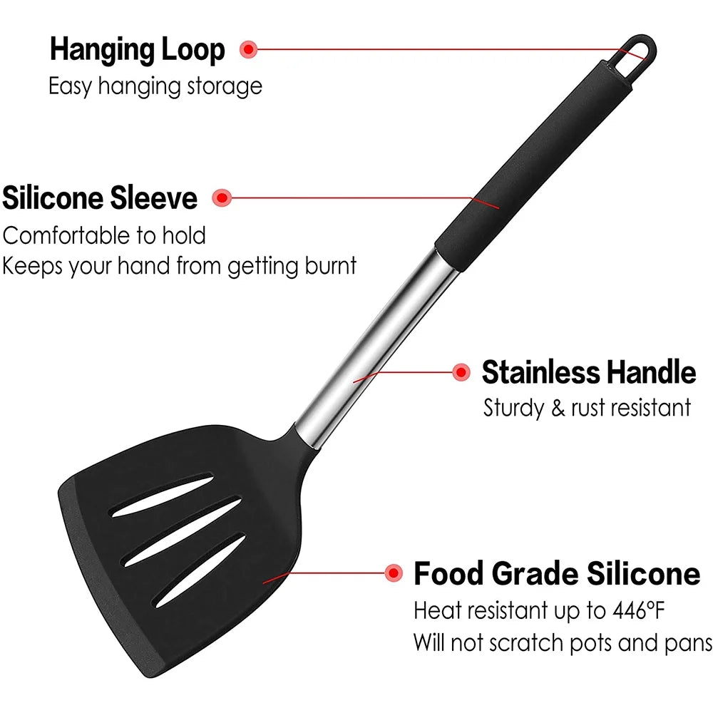 VeSteel 15-Piece Kitchen Cooking Utensils Set with Holder, Silicone Kitchen Tools Stainless Steel Handle, Slotted Spatula Spoon Turner Tong Whisk Brush for Cooking, Black