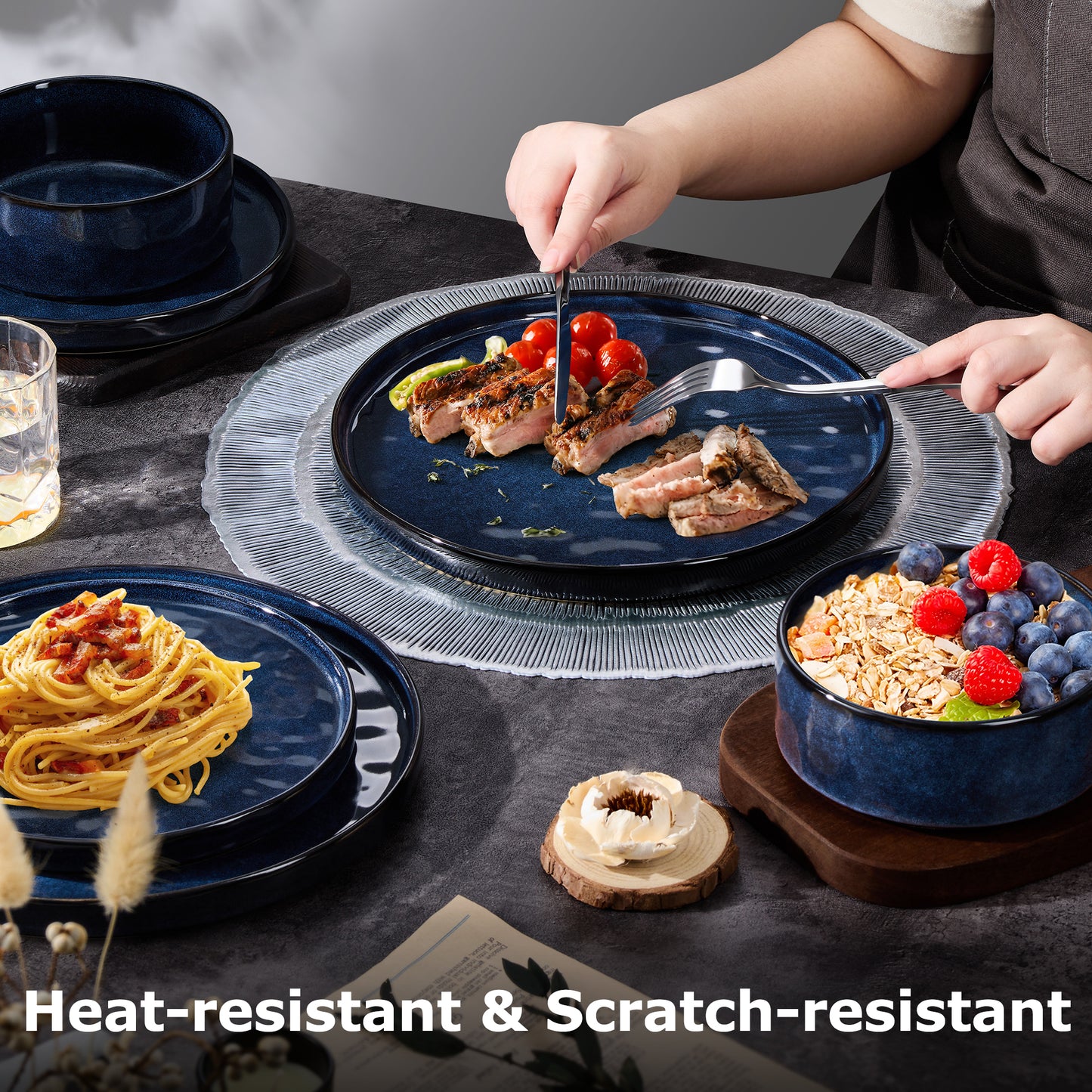 Onader Dinnerware Sets for 6, 18-Piece Plates and Bowls Set, Stoneware Dish Set for Kitchen, Ceramic Dinnerware for Home Restaurant, Chip and Scratch Resistant, Microwave and Dishwasher, Starry Blue