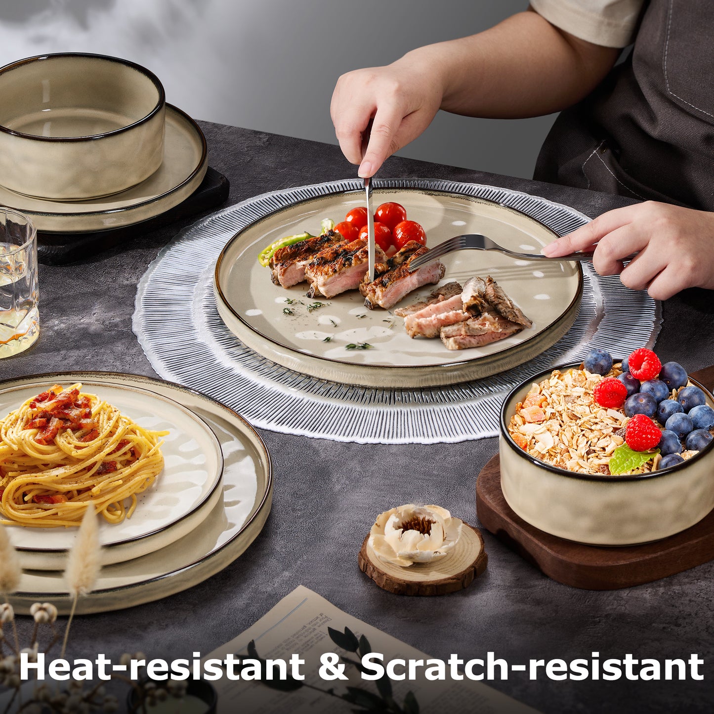Onader Dinnerware Sets for 6, 18-Piece Plates and Bowls Set, Stoneware Dish Set for Kitchen, Ceramic Dinnerware for Home Restaurant, Chip and Scratch Resistant, Microwave and Dishwasher, Saturn Khaki