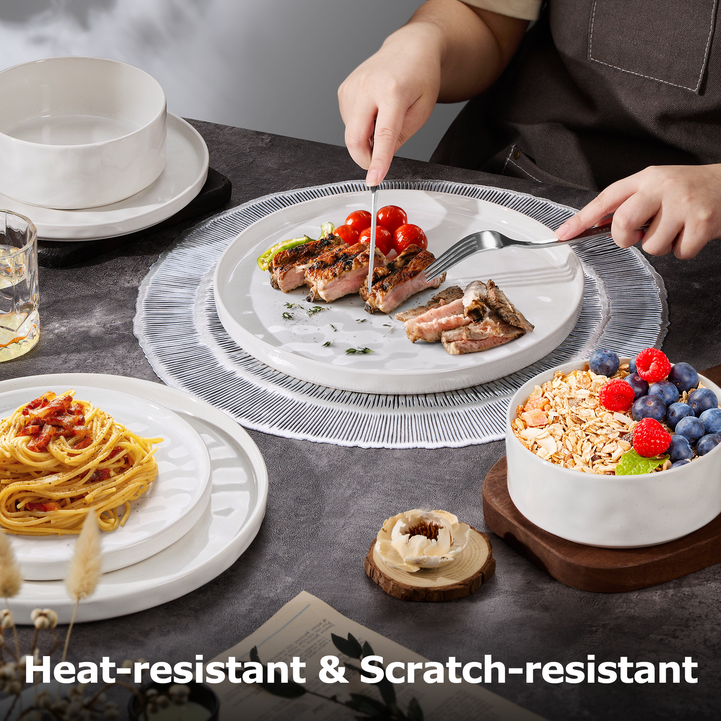Onader Dinnerware Set for 6, 18-Piece Plates and Bowls Set, Stoneware Dish Set for Kitchen, Ceramic Dinnerware for Home Restaurant, Chip and Scratch Resistant, Microwave and Dishwasher, Speckle White