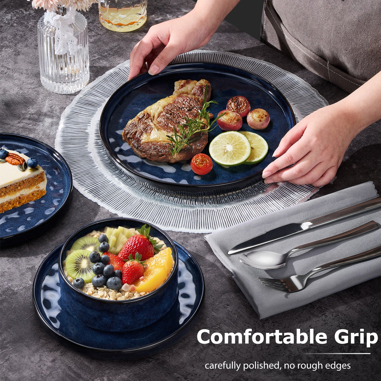Onader Dinnerware Sets for 6, 18-Piece Plates and Bowls Set, Stoneware Dish Set for Kitchen, Ceramic Dinnerware for Home Restaurant, Chip and Scratch Resistant, Microwave and Dishwasher, Starry Blue