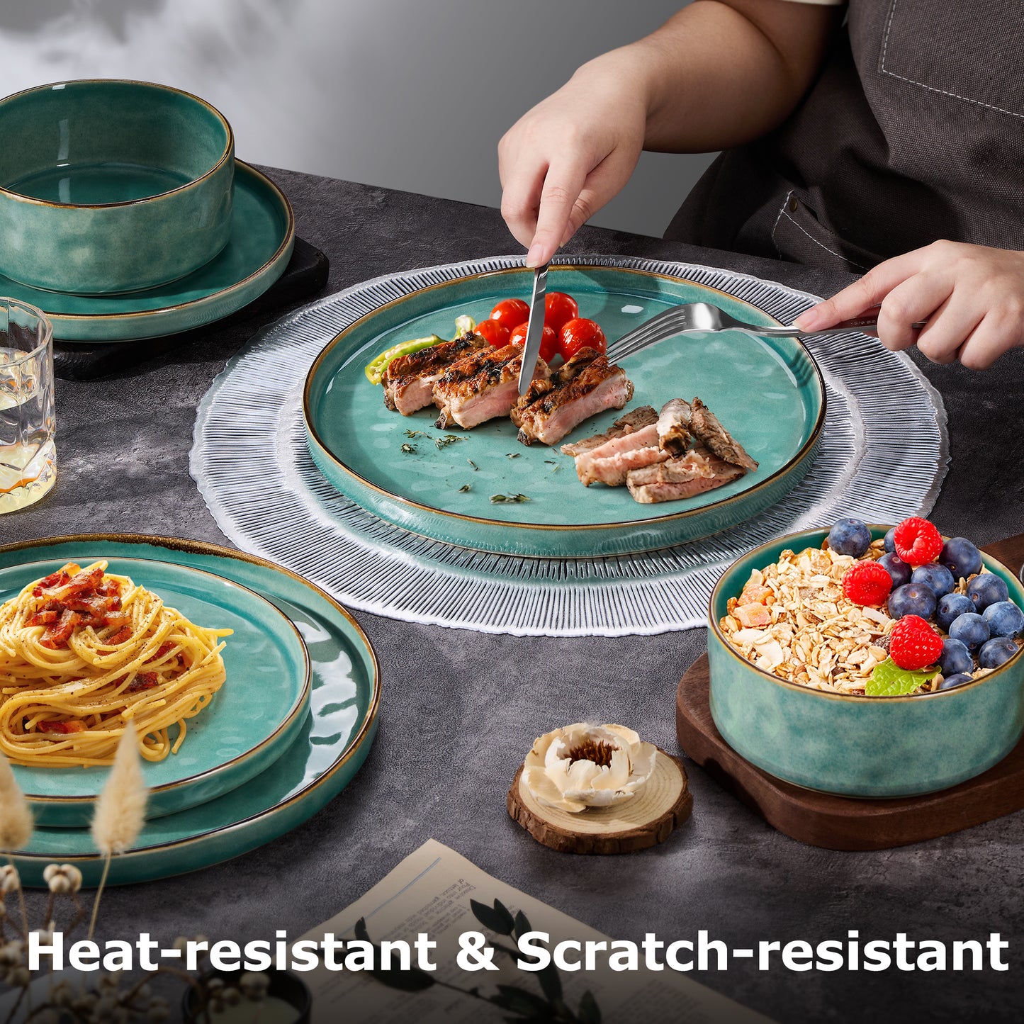 Onader Dinnerware Sets for 6, 18-Piece Plates and Bowls Set, Stoneware Dish Set for Kitchen, Ceramic Dinnerware for Home Restaurant, Chip and Scratch Resistant, Microwave and Dishwash, Reactive Green