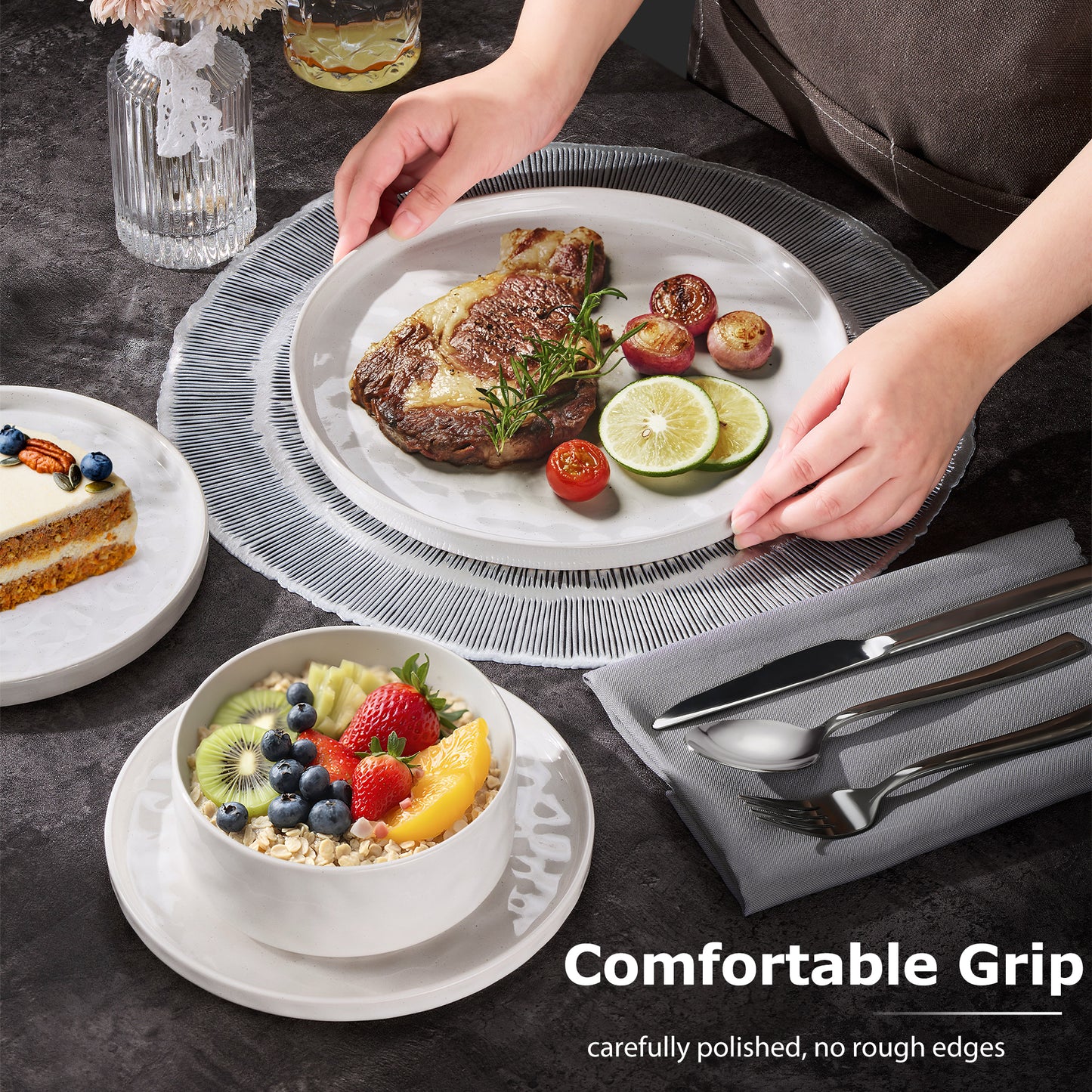 Onader Dinnerware Set for 6, 18-Piece Plates and Bowls Set, Stoneware Dish Set for Kitchen, Ceramic Dinnerware for Home Restaurant, Chip and Scratch Resistant, Microwave and Dishwasher, Speckle White